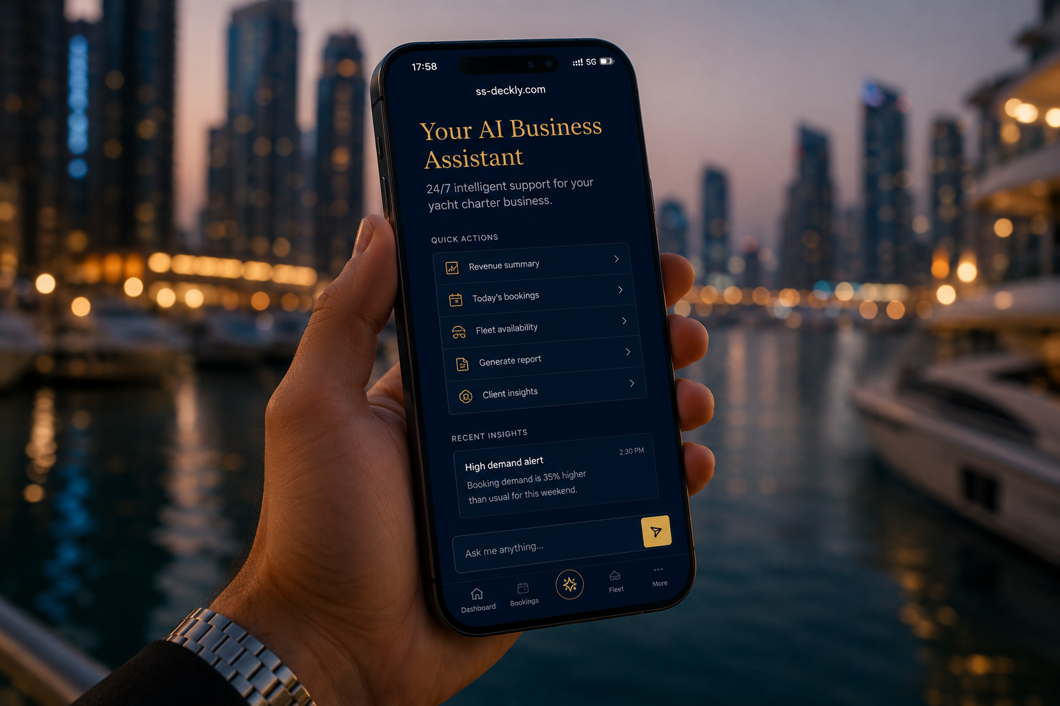 SS Deckly AI Business Assistant on iPhone at Dubai Marina dusk