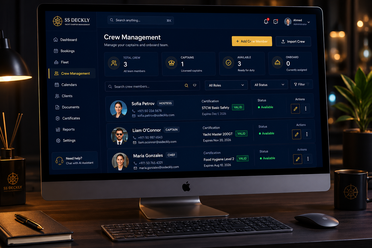 SS Deckly Crew Management dashboard on iMac showing team and certifications