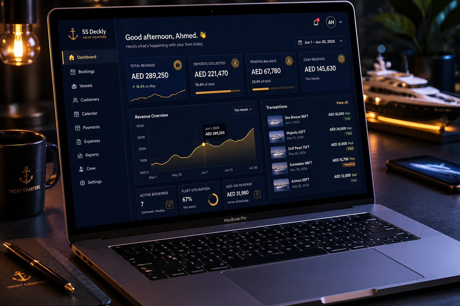 SS Deckly revenue dashboard on MacBook Pro showing AED 289,250 total revenue