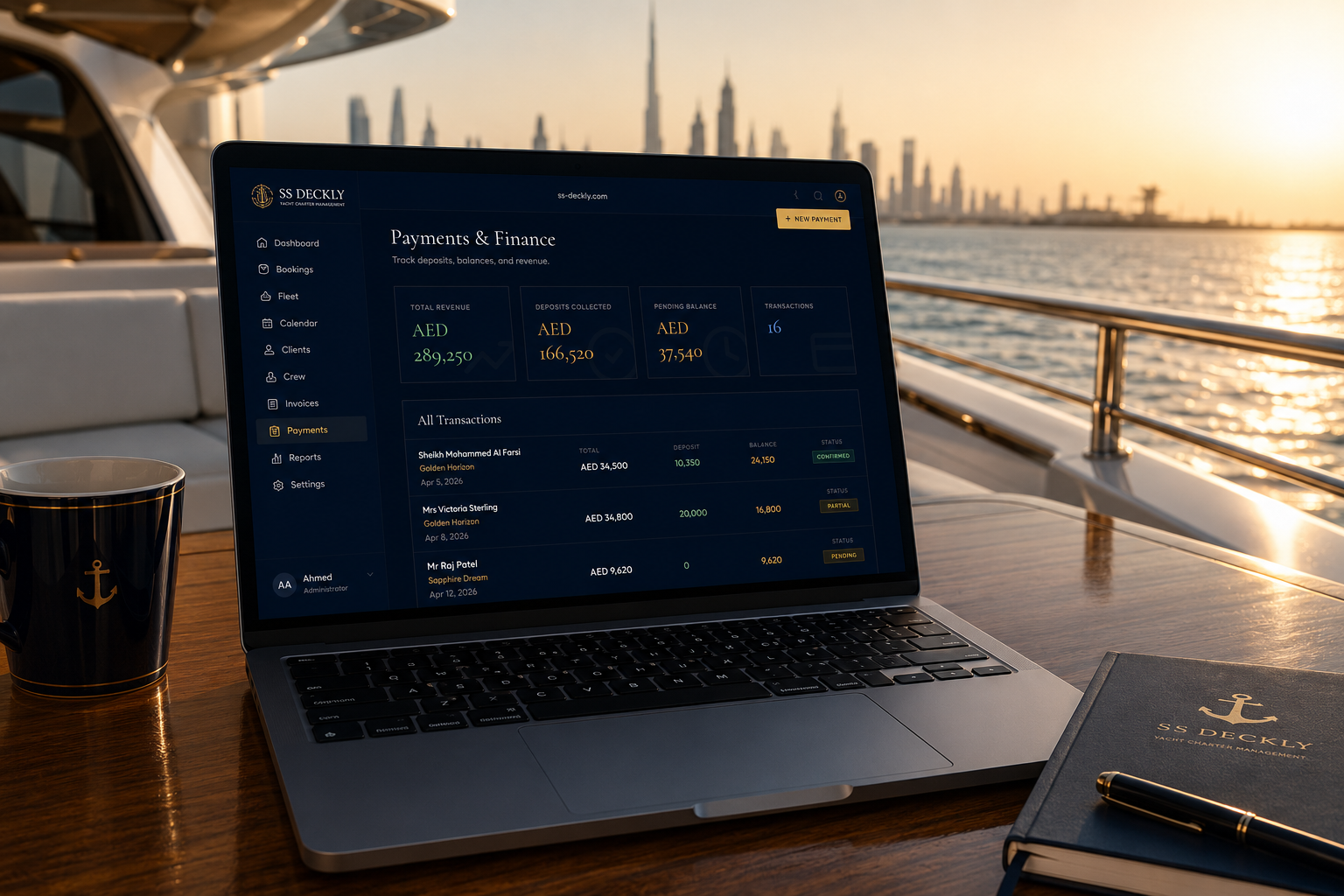 SS Deckly Payments and Finance dashboard on MacBook at Dubai marina golden hour