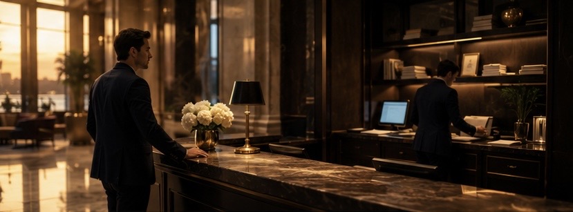 Hotel guest waiting at an unattended concierge desk