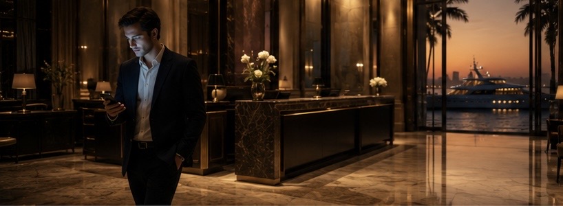 Hotel guest booking an experience on their own phone in the lobby