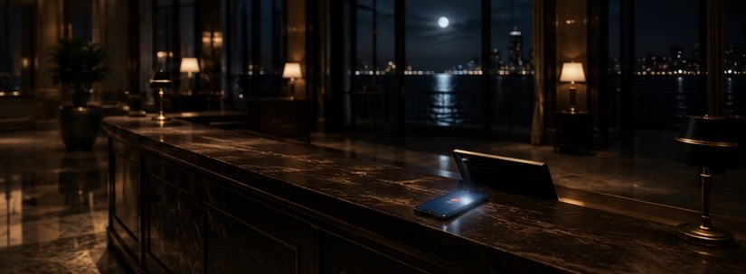 Empty hotel concierge desk at night with unanswered guest request